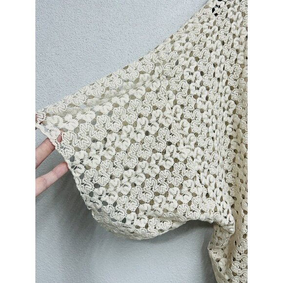 Earthbound Trading Co Crochet Cardigan Small Ivory Pink Fringe Coverup Boho - Picture 6 of 8